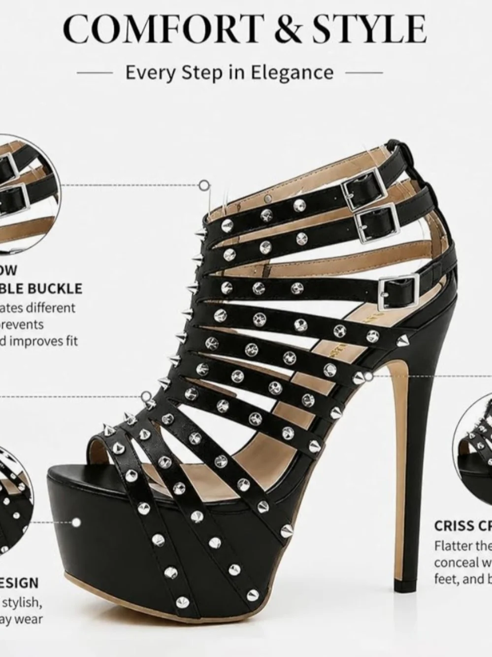 Black Studded Strappy Platform Stiletto High Heels Size 7 New